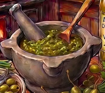 Pilão de pedra com creme de ervas e uma colher de madeira